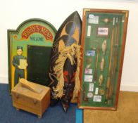 Various items including Shoe Shine box, reproduction fishing collage, tribal masks, bagatelle and