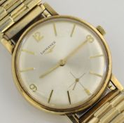 Gents 9ct gold Longines wrist watch with baton and arabic numerals, back plate inscribed `C.H.