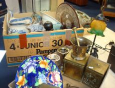 Various items including blue and white china, Continental wall plate, two brass tea caddies,