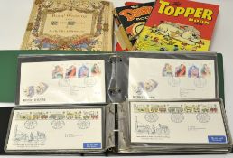 Collection of first day covers in three albums also two children`s annuals and Royal Wedding stamp