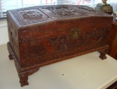 A carved Oriental sandalwood small chest t/w contents of various china ware and ornaments