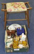 Upholstered arts and crafts style piano stool, various crockery, general coinage, tea caddy, brass