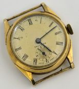 9ct gold small Gents Crusader wrist watch with roman numerals, lacks bracelet