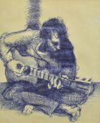 ROBERT LENKIEWICZ (1941-2002) Blue Biro `Seated Man With Acoustic Guitar` attributed to Project 1