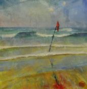 RICHARD LANNOWE HALL `Porthmeor beach red flag` 30cm x 30cm mixed media, unframed