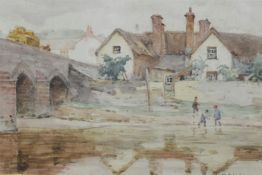 W.B.FORTESCUE (possibly William Banks Fortescue) water colour `Children playing by a river, bridge