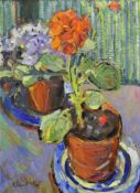 EDWARD NOOT (born 1965) `Flowering Geranium With African Violets` oil on board 38cm x 29cm