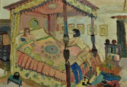 FRED YATES (1922-2008) `Four Poster Bed` oil on board 26cm x 34cmm, This is the bedroom in the