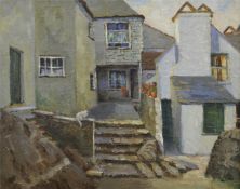 VERA LOCKYER oil on canvas `White Cat and Cottages` possibly St.Ives signed 37cm x 47cm