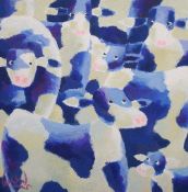 LEE WOODS (born 1964) acrylic on wrap around board `Purple Cows, Genetic Zoo` signed, 61cm x 61cm