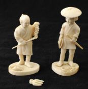 Two Japanese carved ivory figures including Man with Vine, etc tallest 9cm