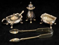Three piece silver condiment set together with pair of silver sugar tongs, approx 202g