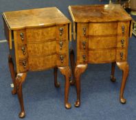 Pair reproduction walnut bedside chests fitted with three drawers