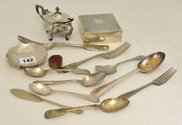 Various metalwares including silver square box, silver dish, mustard pot and cutlery etc