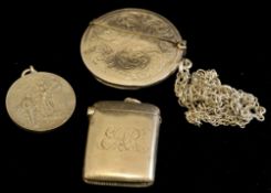 Circular silver and engraved vesta, another vesta and Elkington medallion (shooting) approx 45g,