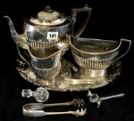 EPNS three piece half fluted tea service, sugar tongs, together with a silver plated salver