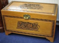 Carved Chinese hardwood camphor lined blanket chest, 104cm wide