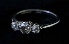 18ct white gold three stone diamond ring, size O