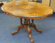 Victorian inlaid walnut tilt top breakfast table, 118cm