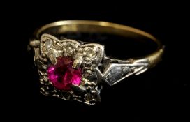 Modern ruby and diamond cluster ring, size K