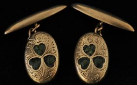 Pair of 9ct gold gents cufflinks set with green stone approx 4.9g
