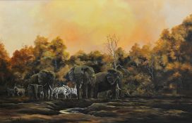 JOHN LAWER oil on canvas, `Golden Sunset` 59cm x 90cm