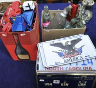 Collection of bottles, syphons, car signs and old toys