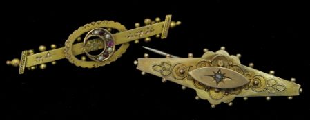 Two 9ct gold brooches including one set with rubies and seed pearl, approx 4.5g
