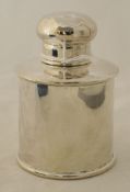 Silver plated Victorian tea caddy 8cm round polished body with domed top, height 12cm