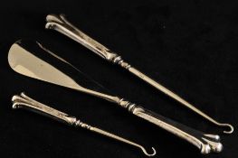 Three piece silver handled button hook and shoe horn boxed set
