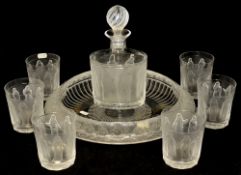 A modern Lalique glass drinking set comprising decanter and six tumblers each decorated with figures