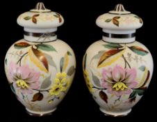 Pair of Victorian opaline and enamelled glass pot pourri vases with covers lids, 24cm