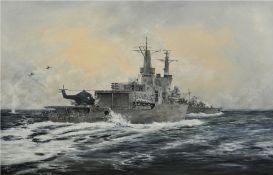JOHN LAWER 20th century oil on canvas depicting HMS Broadsword circa 25th May 1982 taking a hit from