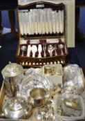 Quantity of silver plated wares including collection of crested spoons, biscuiteer, salvers etc