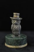 Russian silver owl on green stone base, impressed marks `84, AM`. 8cm tall