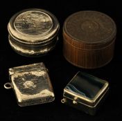 Dutch silver pool box, silver vesta, square silver box and hardwood carved box (4)