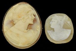 Victorian cameo set in yellow metal together with another carved cameo, lacks frame (2)