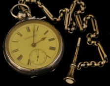 An Oglethorpes Beacon open face and silver pocket watch with key wind movement and white metal