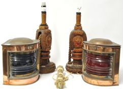 Pair copper Port and Starboard ship lanterns, 24cm high, pair lamps made from winch and rope, also a
