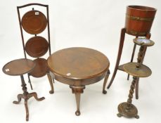 Two tables, Jardinière, smokers stand t/w dumb waiter, tallest 19cm