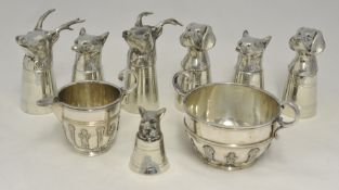 Collection of six stirrup cups in pewter, also including bowl and jug