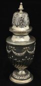 Edwardian silver sugar castor decorated with swags and half fluted body, with inscription `From