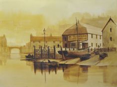JASON oil on canvas, `Quay at Calstock, Cornwall` unframed 60cm x 81cm
