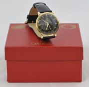 Gents Omega black dial 9ct gold wrist watch with box and papers