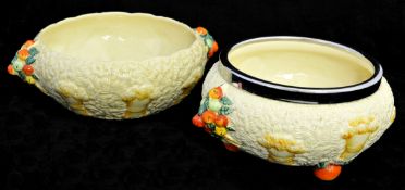 Clarice Cliff Celtic Harvest pottery, two fruit bowls, one with chrome rim