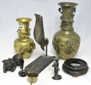 Collection of Japanese items inc 2 vases, 1 with 5 claw dragon also bronze dog (as found), bronze