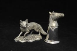 Modern Mappin & Webb filled silver model of a fox and `horse` stirrup cup boxed