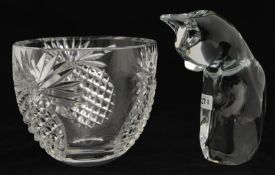 A large crystal cat by Daum , 22cm high x 12cm wide, together with a large cut glass bowl