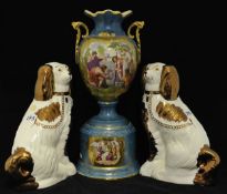 A pair of replica Staffordshire copper lustre dog 30cm, an English `Vienna, Kauffman` vase on