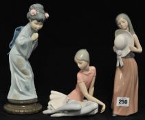 Thee Lladro porcelain figures including Ballerina, tallest 27cm